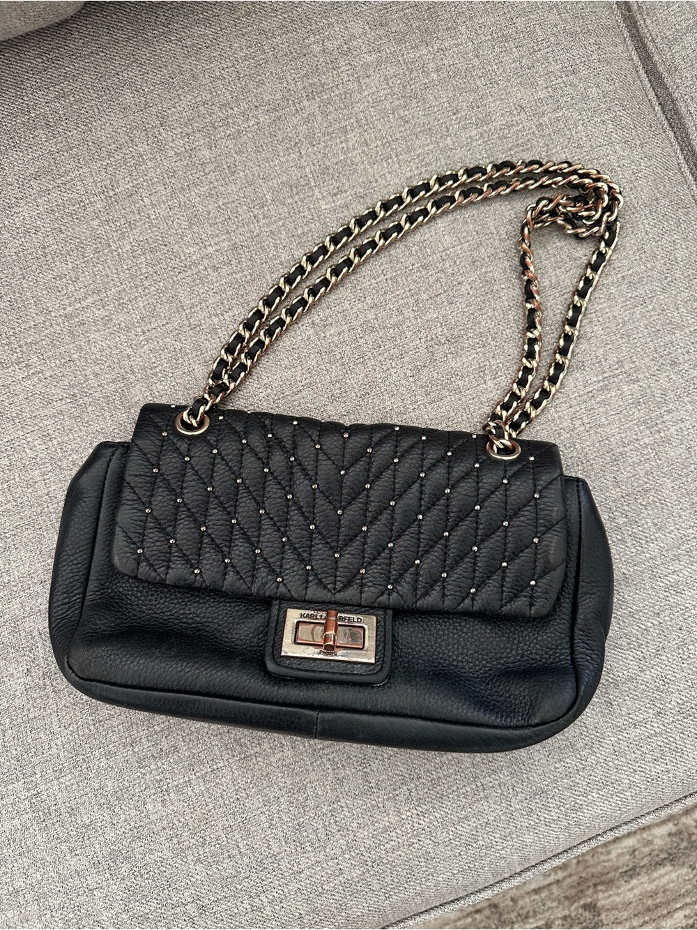 Karl Lagerfeld Rare Paris Black and Gold Quilted Leather Shoulder Bag
